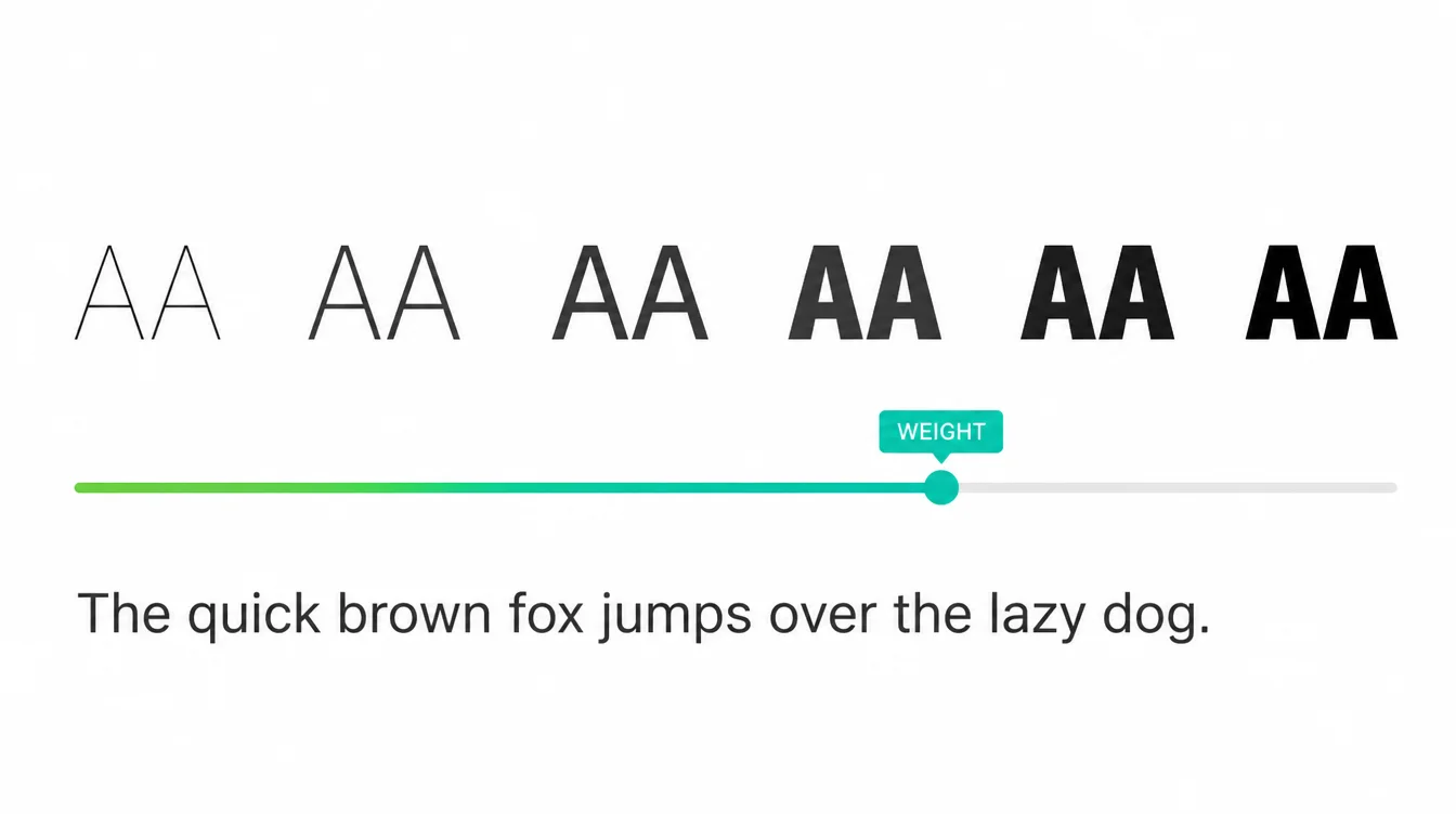 Typography specimen screen showing the same letters at six different font weights with a weight slider