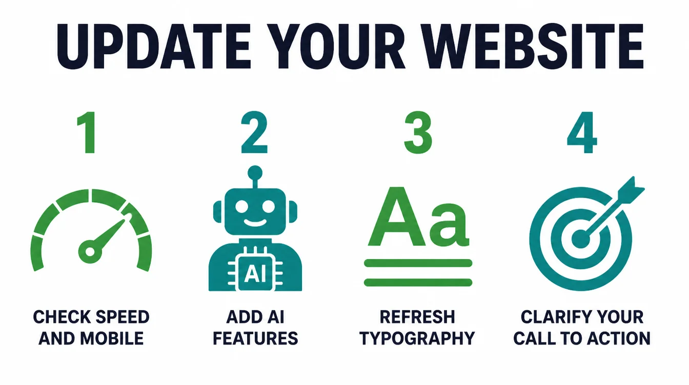 Four numbered steps: check speed, add AI features, refresh typography, clarify the call to action
