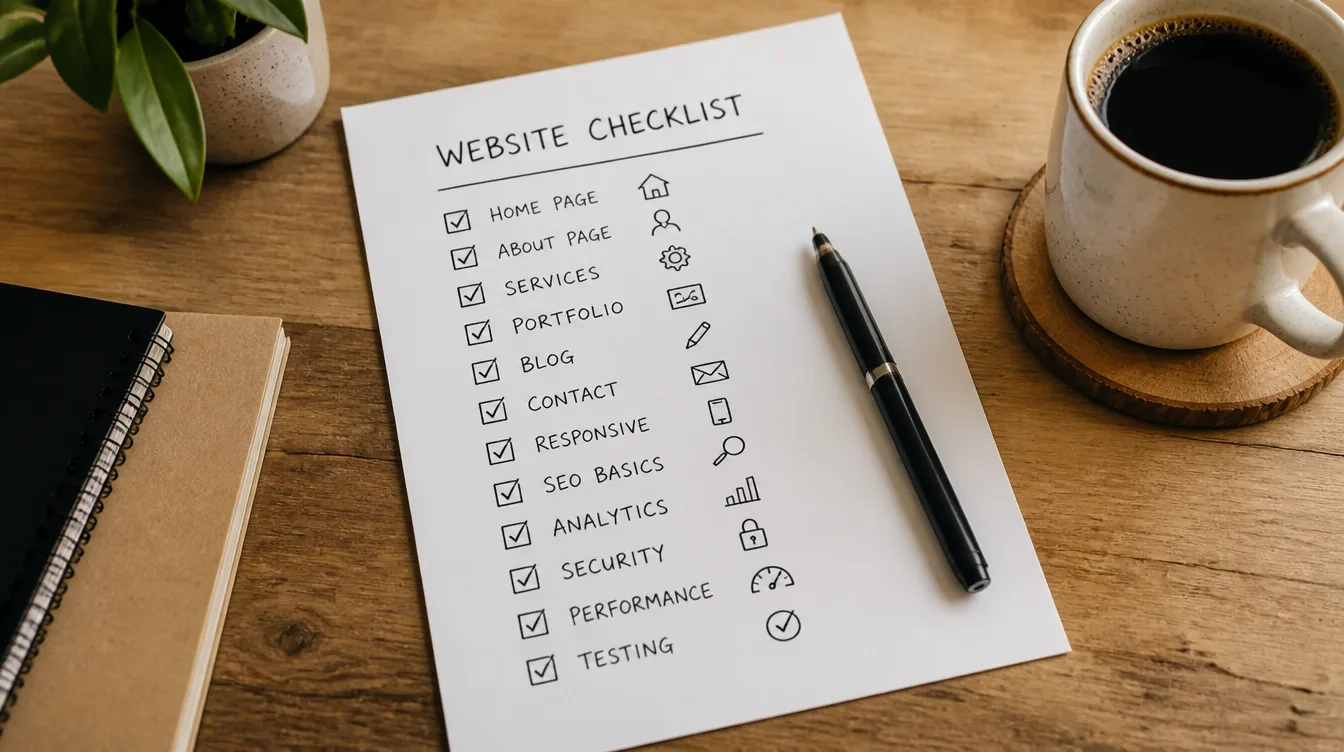A flat-lay desk with a hand-drawn website checklist, pen, and coffee cup.