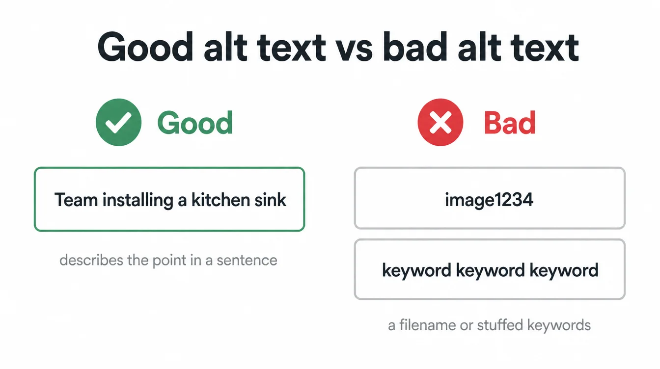 Infographic contrasting good alt text that describes the image in a sentence with bad alt text like a filename or stuffed