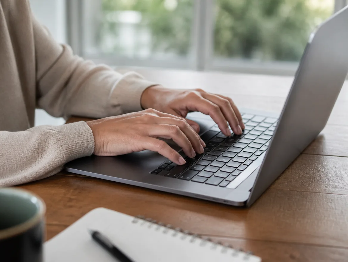 Hands navigating a laptop using only the keyboard, no mouse in sight.