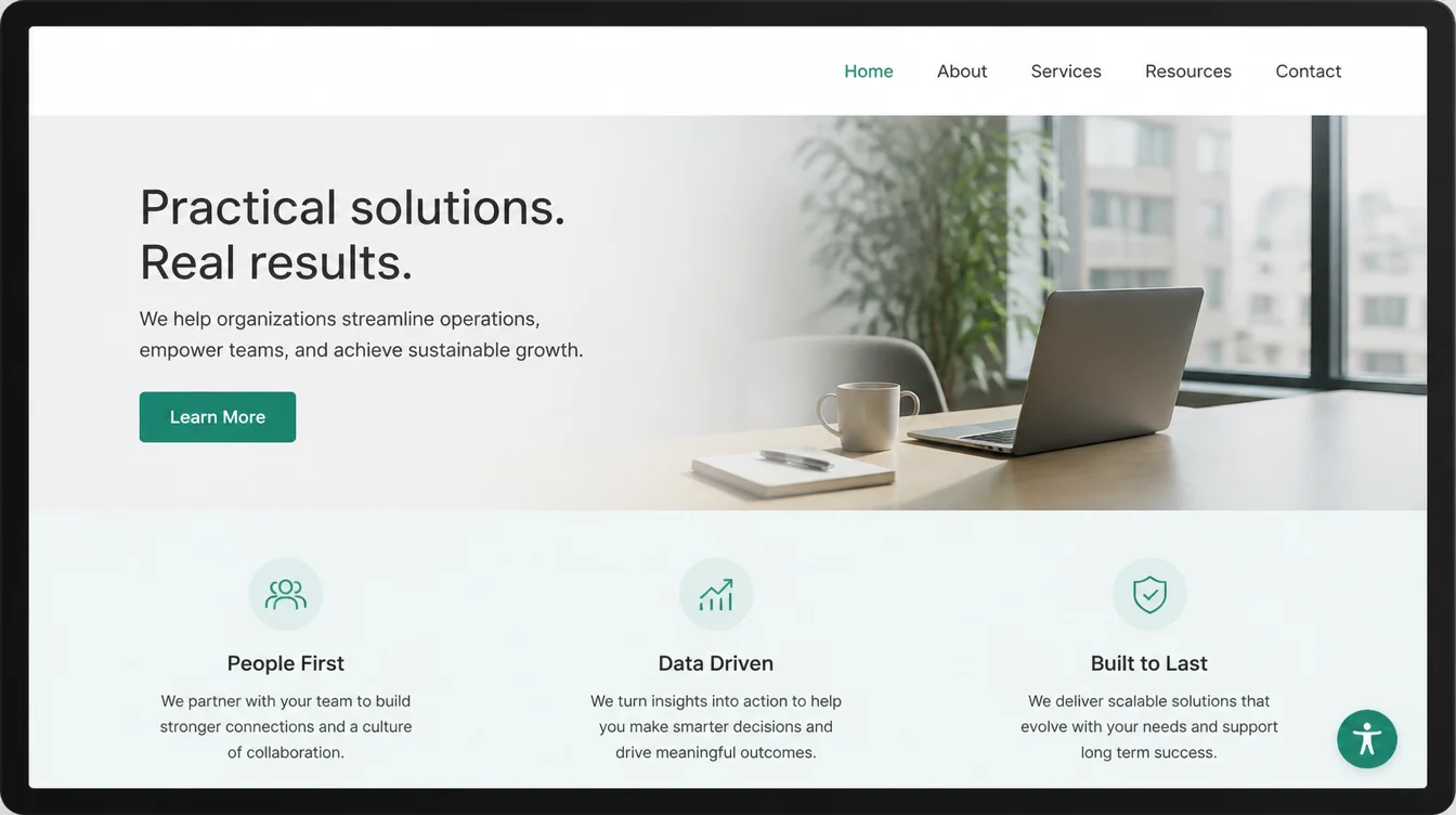 A generic website homepage with a small round accessibility widget icon floating in the corner.