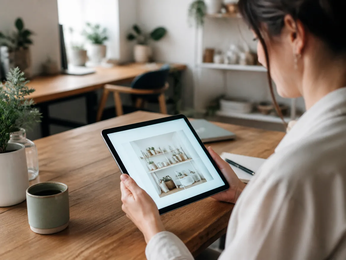 A small business owner reviewing their website on a tablet at a wooden desk.