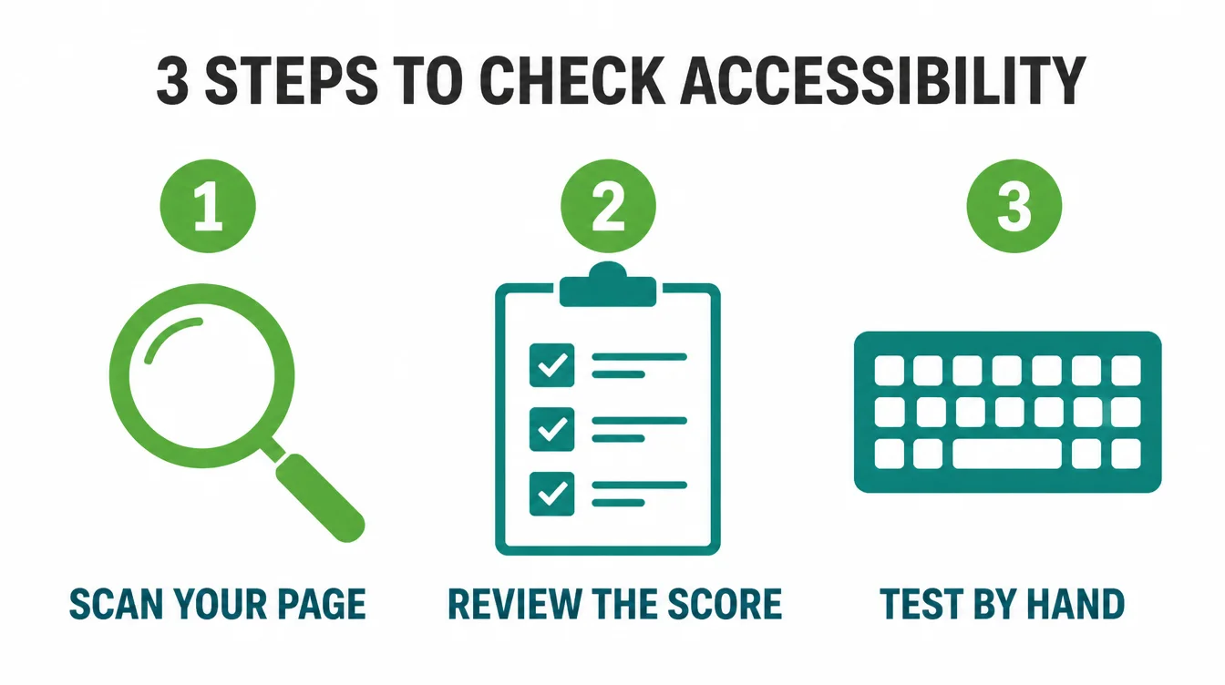 Three step icons showing how to test a website