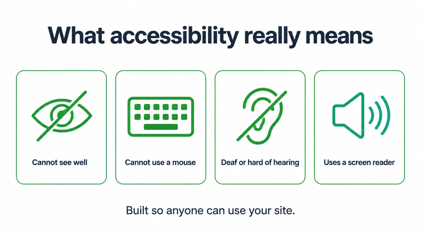 Infographic showing website accessibility means the site works for people who cannot see well, cannot use a mouse