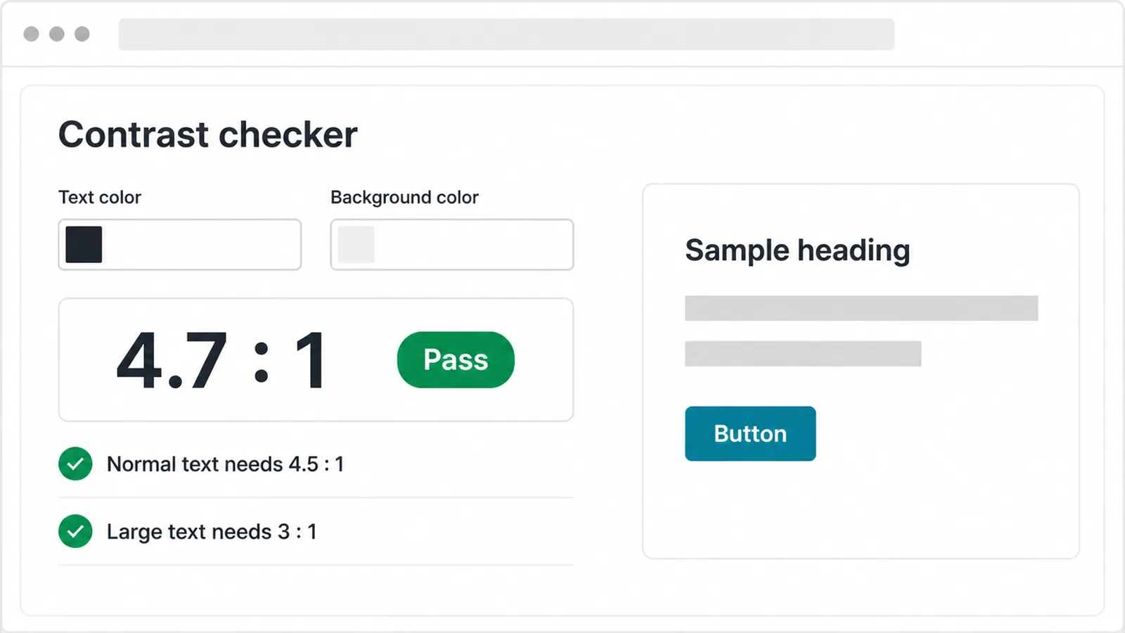 A contrast checker tool showing a pass result next to the 4.5 to 1 and 3 to 1 requirements.