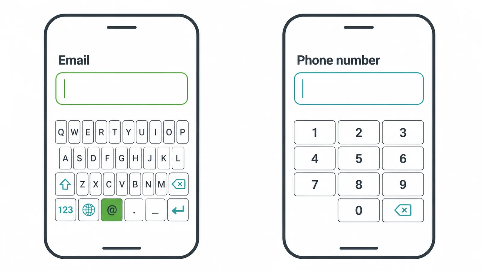 Two phones showing an email keyboard and a number keypad for forms.