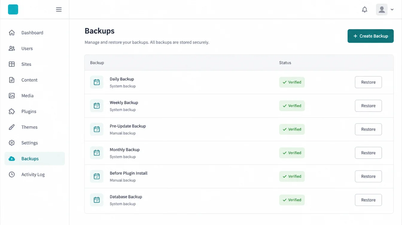 A backup dashboard showing a list of verified restore points and a restore button.