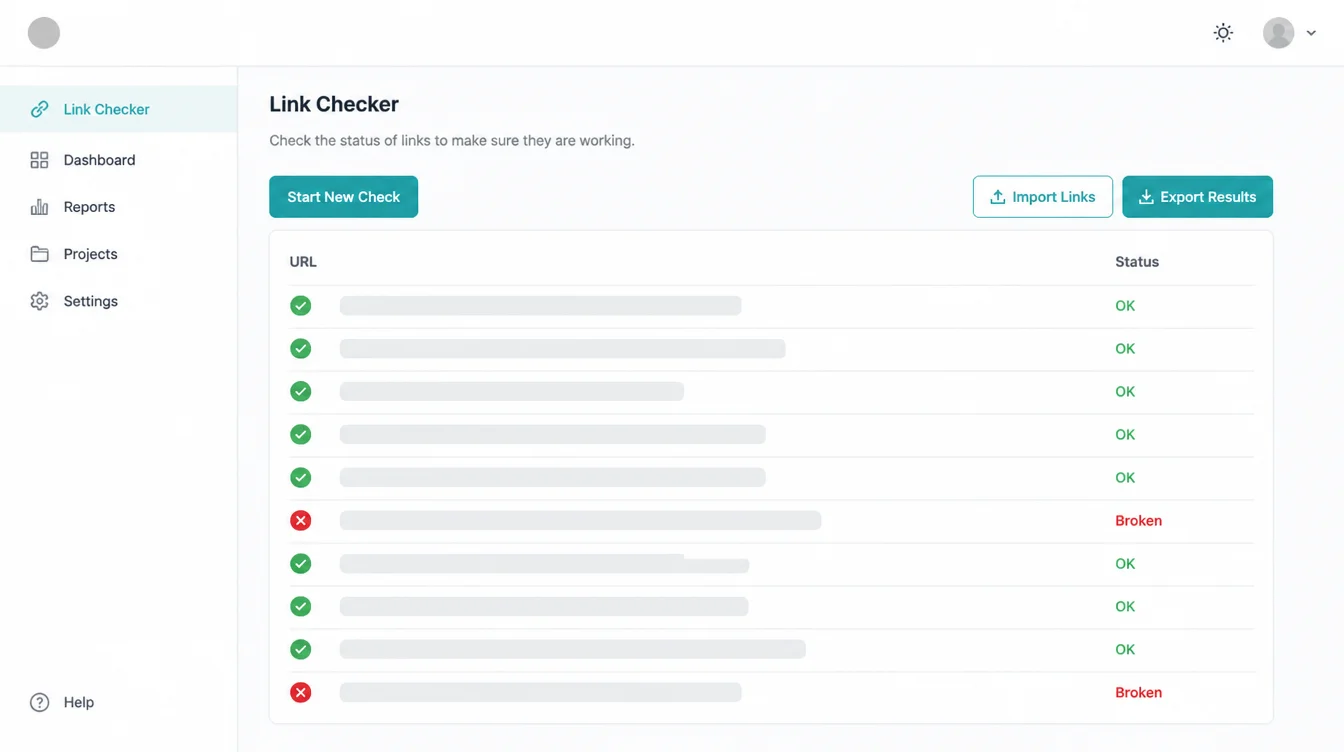 A link checker results list showing most links working and a few marked broken.