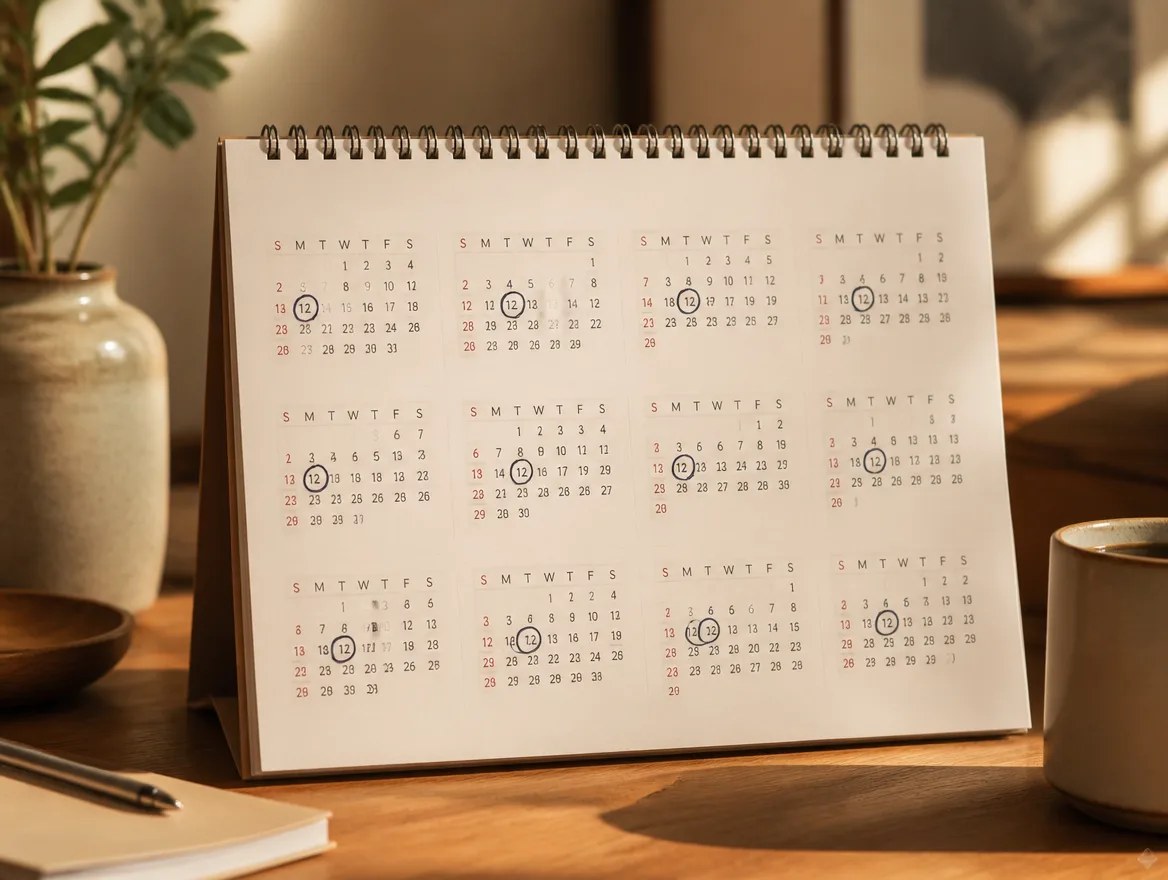 A wall calendar with one recurring day each month circled in pen.