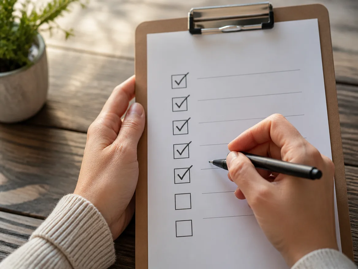 Hands ticking boxes on a printed checklist held on a wooden clipboard.