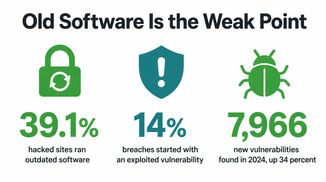 Three stats on why old software is the weak point behind most website hacks.