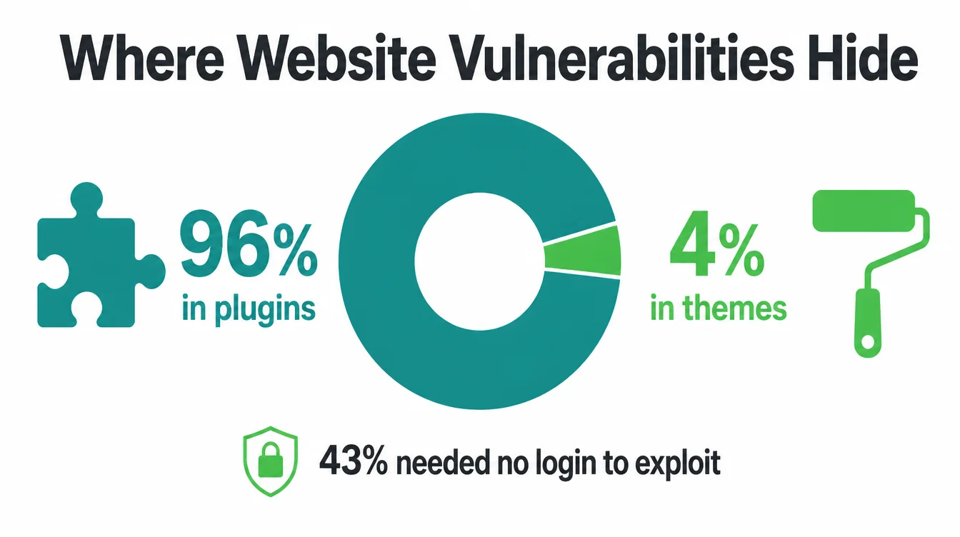 A chart showing most website vulnerabilities sit in plugins, not themes.