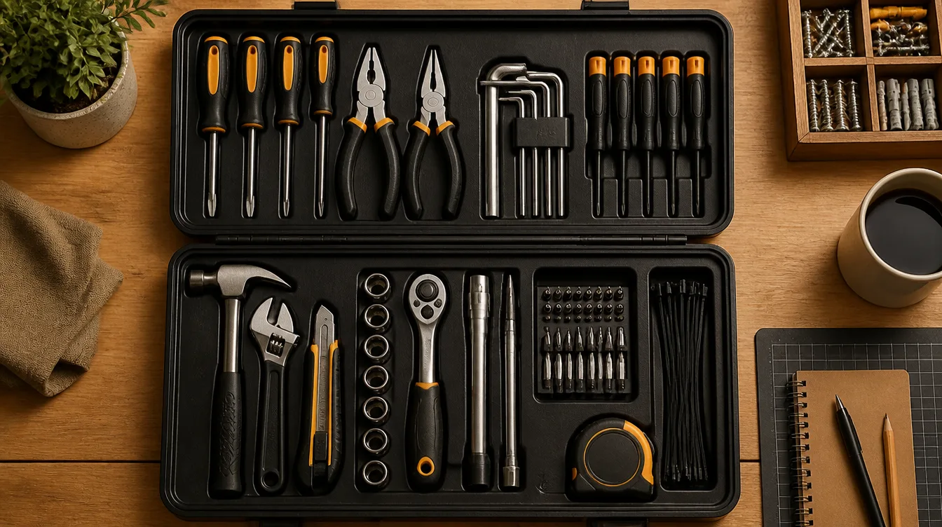 A tidy, well-organised toolbox open on a clean workbench.