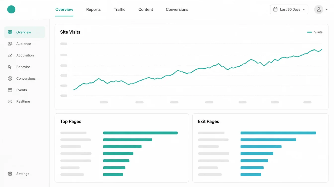 An analytics dashboard showing site visits trending upward with top and exit pages.