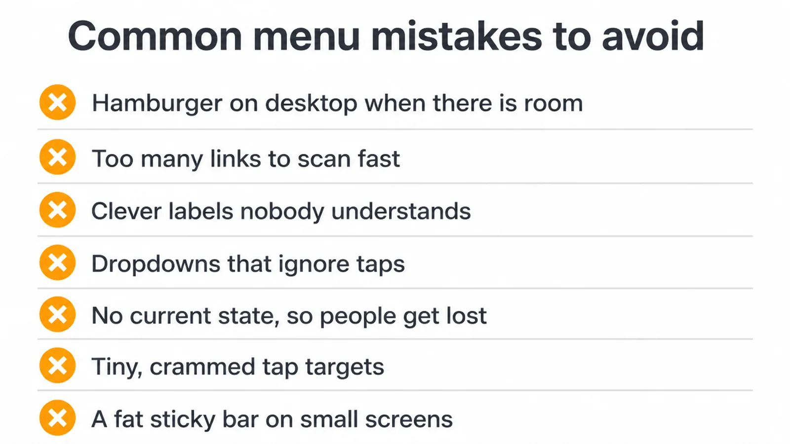 Checklist of seven common website menu mistakes, each marked with a cross.