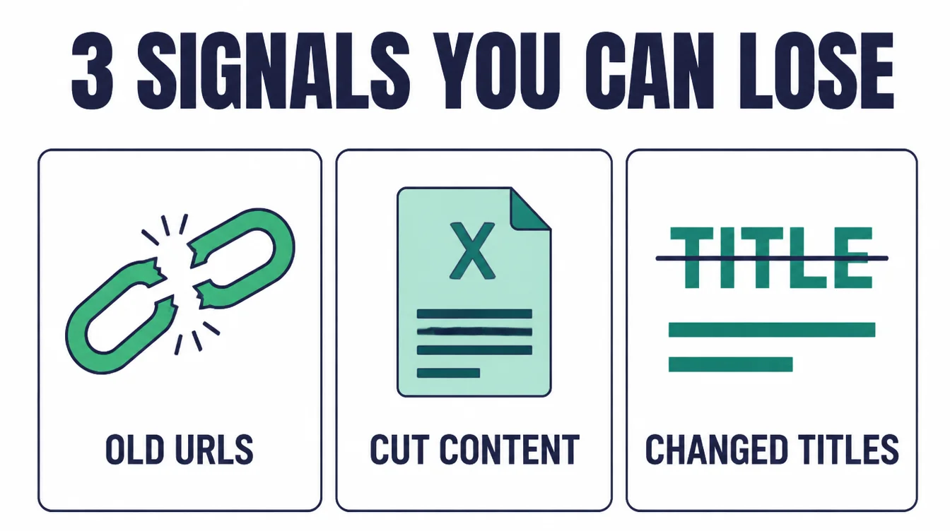 Three icons showing old URLs, cut content, and changed titles as the signals a migration can lose.