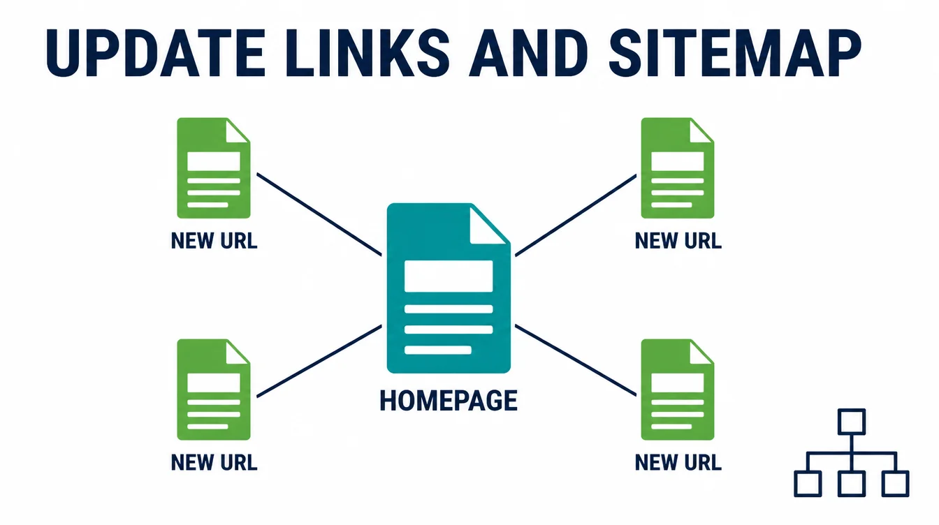 Diagram of a homepage connected to four new page URLs, representing updated internal links and a sitemap.