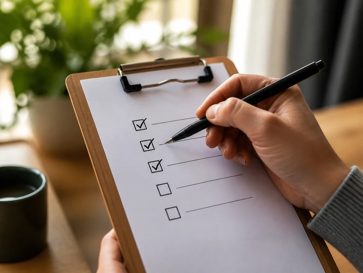 A hand ticking items off a paper checklist on a wooden clipboard.