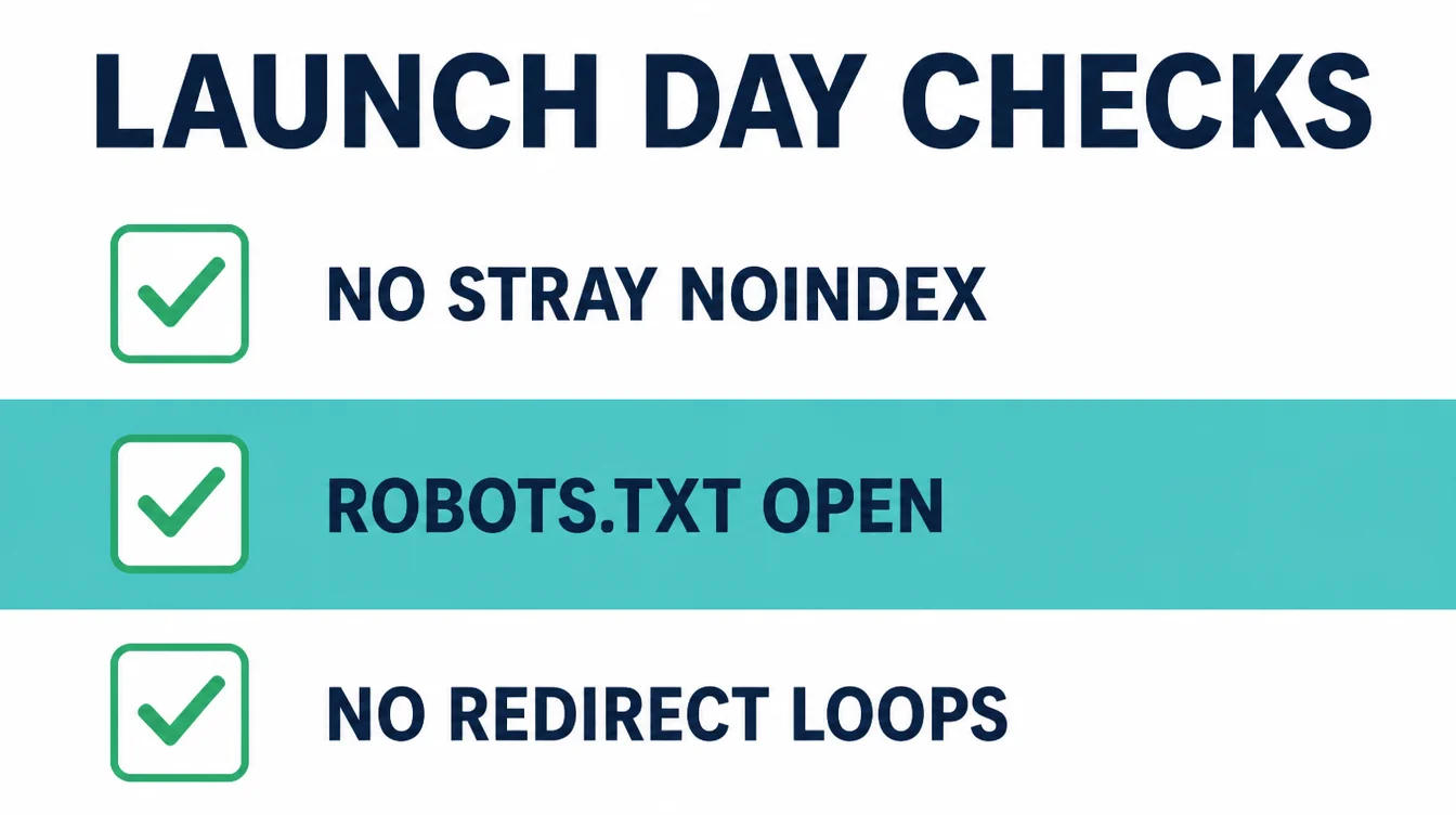 Launch day checklist showing no stray noindex, robots.txt open, and no redirect loops.