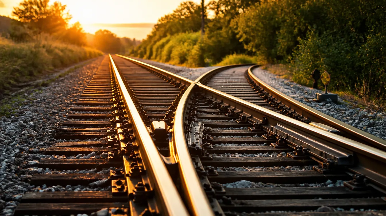 A railway track switch glowing at golden hour, sending a line onto a new path.