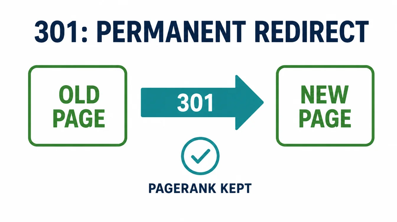 Diagram of an old page redirecting through a 301 to a new page with PageRank kept.