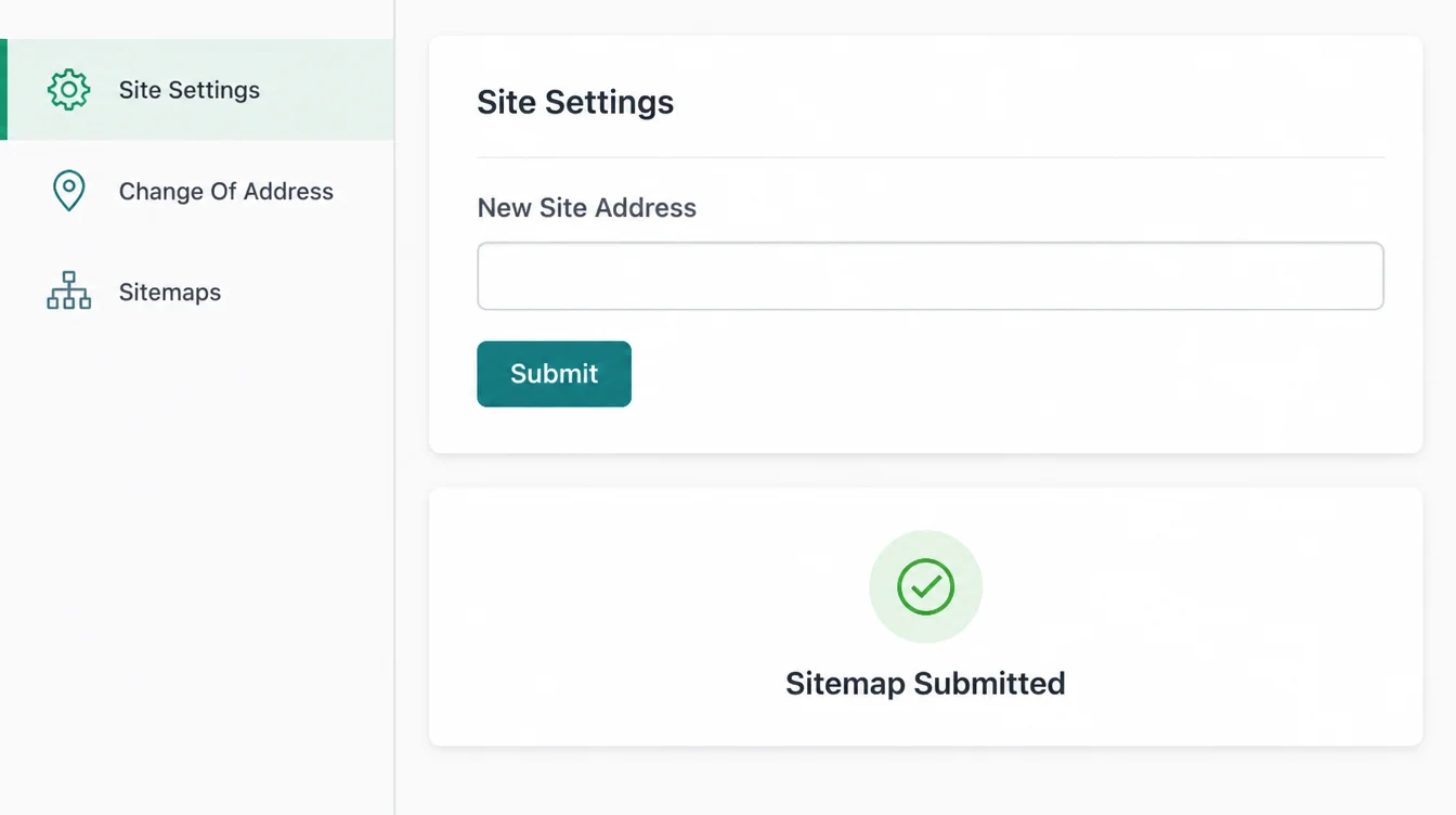 Website settings dashboard showing a change of address form and a submitted sitemap confirmation.