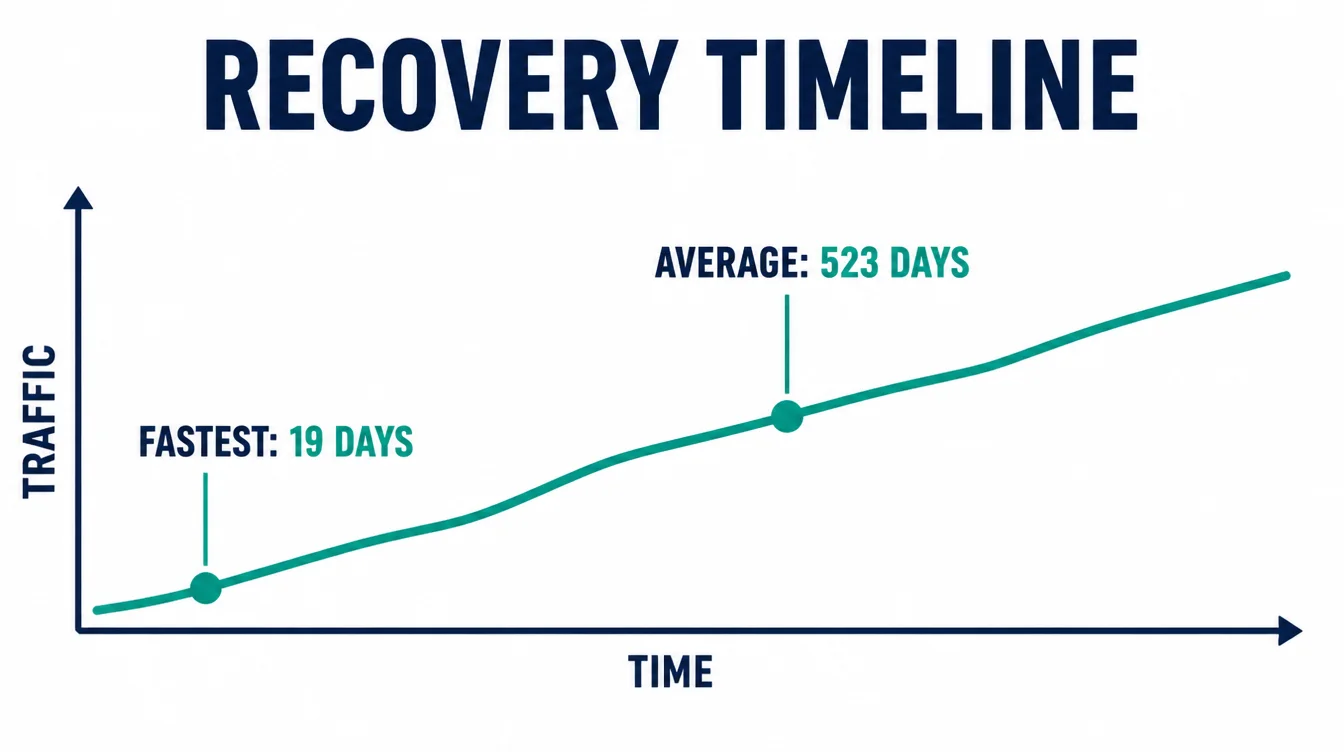 Line chart showing traffic recovering over time, with the fastest recovery at 19 days and the average at 523 days.