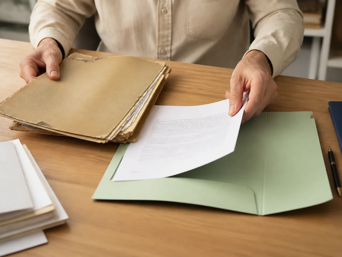 Hands moving paper documents from an old worn folder into a new clean folder on a desk.