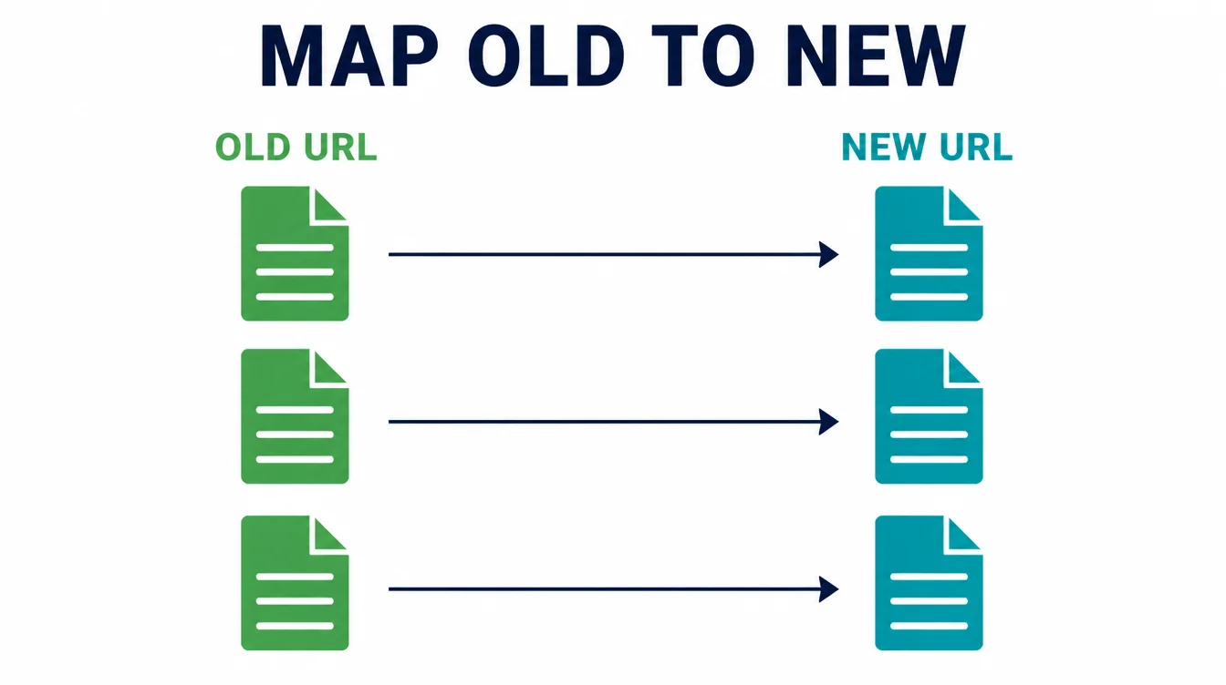 Diagram showing each old URL mapped one to one to a matching new URL with arrows.
