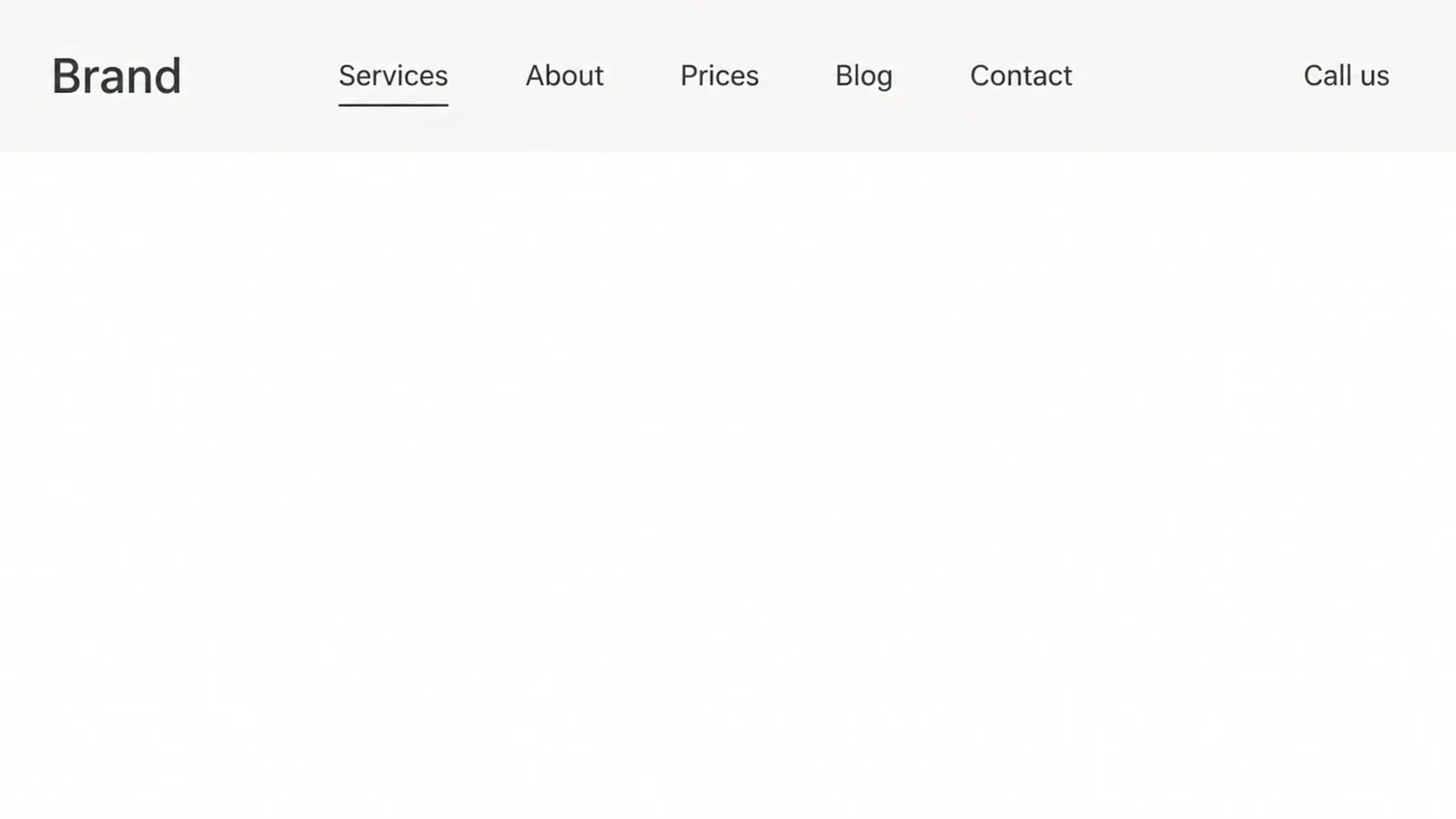 A plain website header with five menu items and a visible contact link