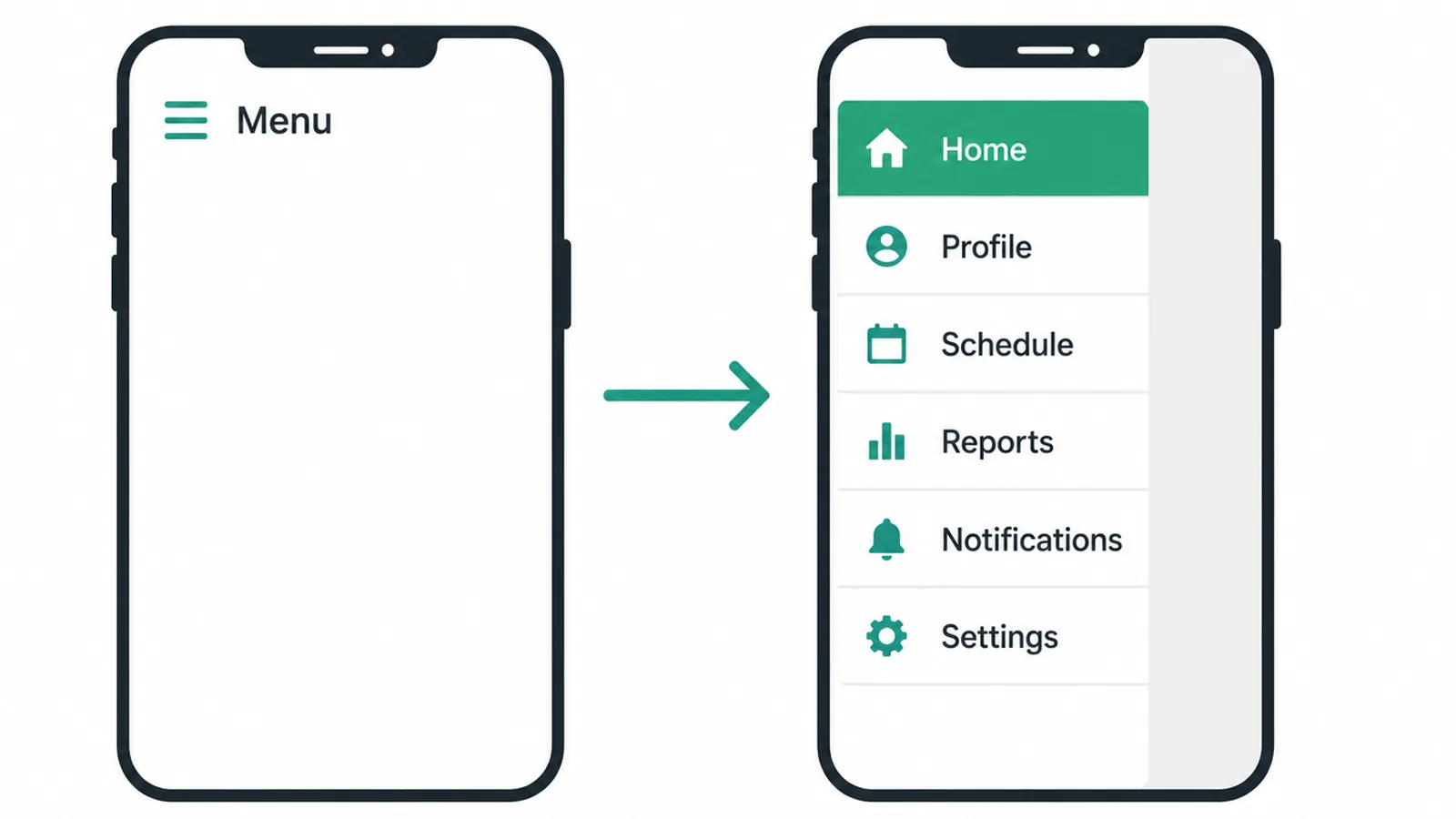 A mobile menu icon opening into a labelled slide-out drawer of links.