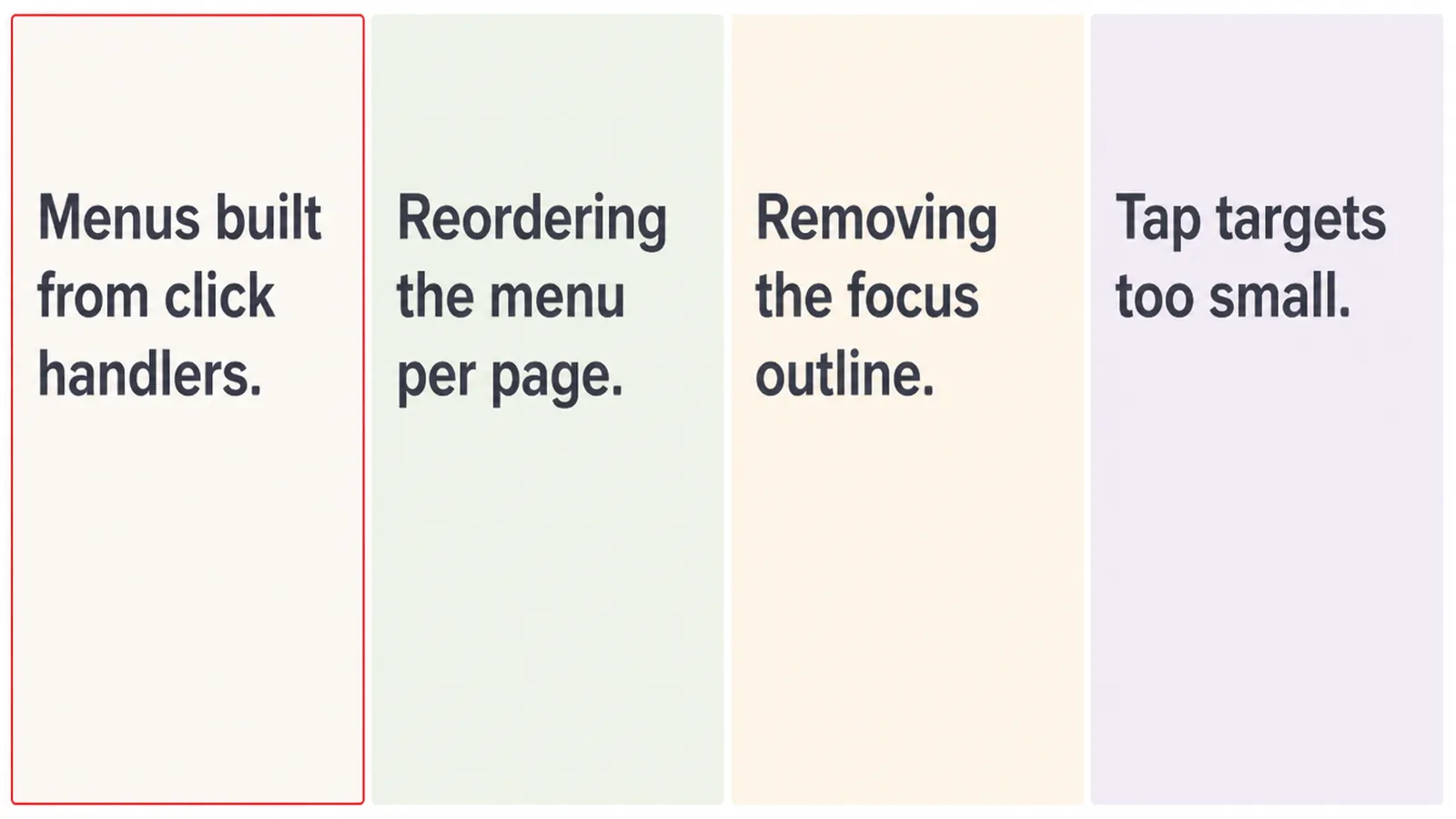 Four plain colour panels naming navigation mistakes, one outlined in red