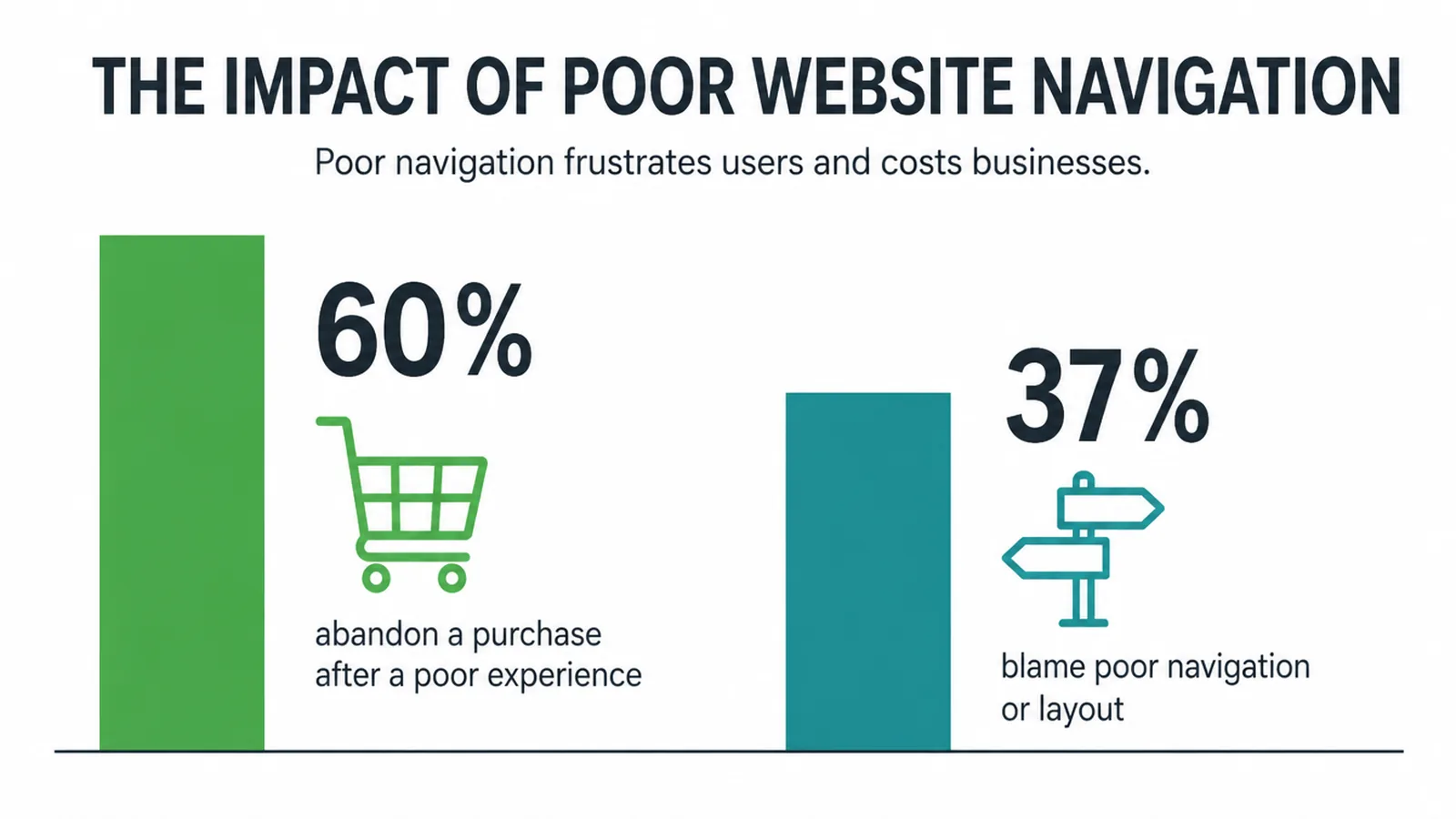 Bar chart showing 60% of shoppers abandon purchases over bad navigation.