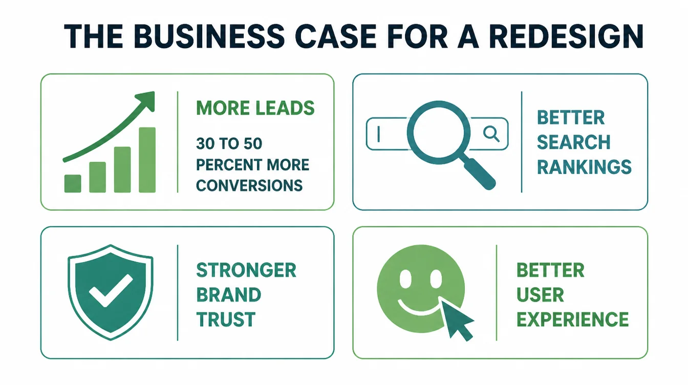 Infographic of four business benefits of a website redesign