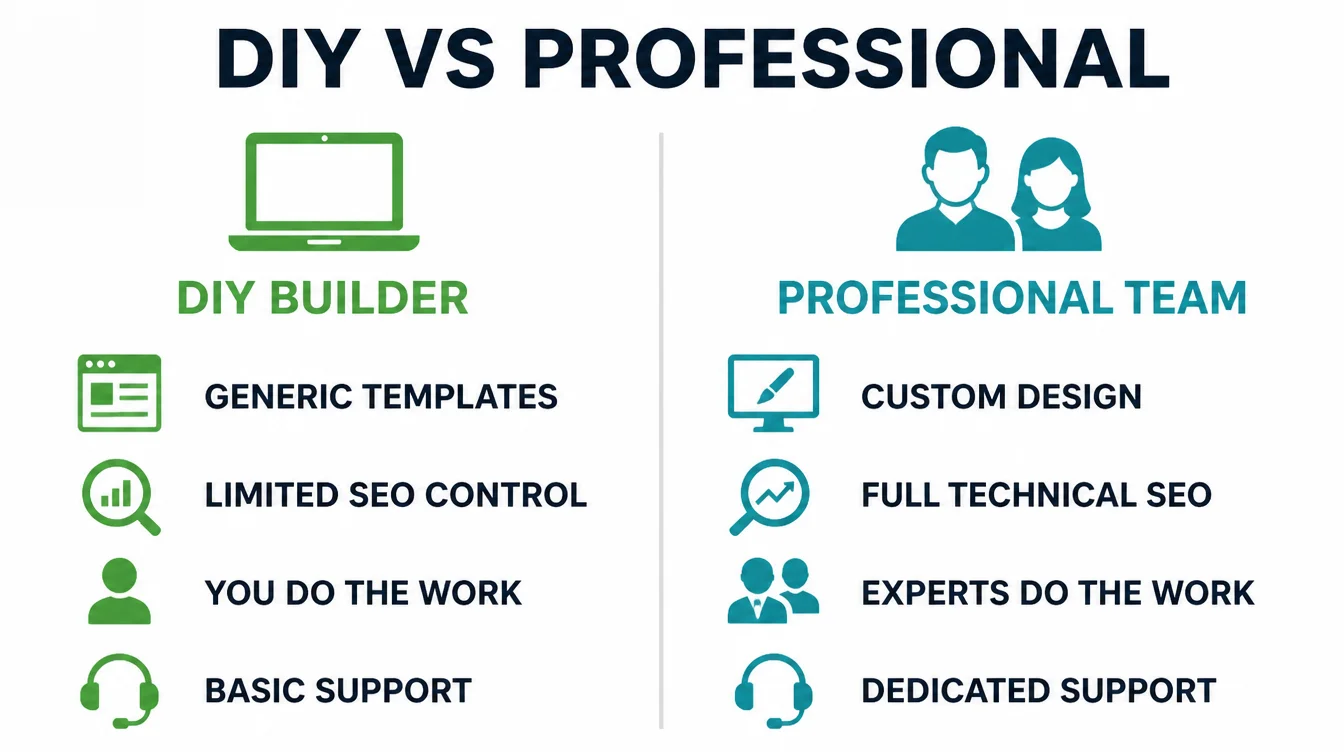 Side by side comparison infographic of DIY builder versus professional web design team