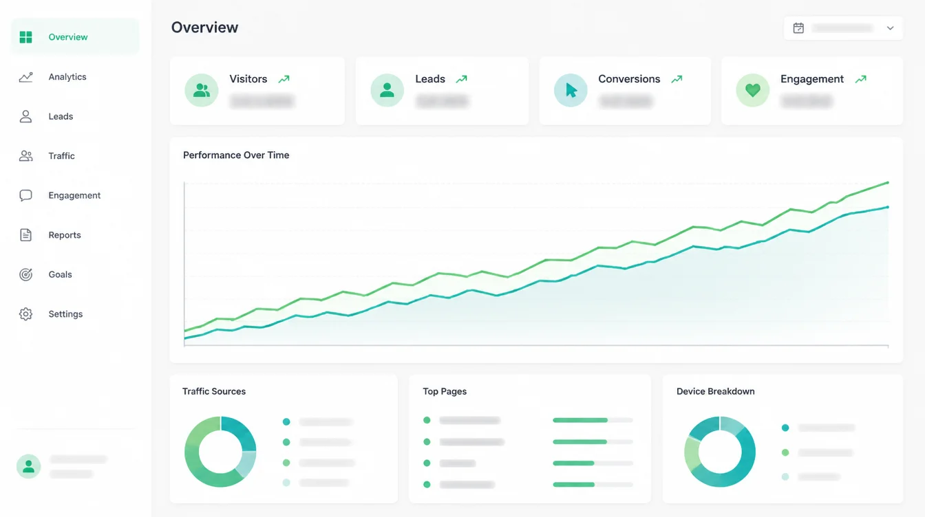 Modern analytics dashboard showing visitor and engagement trends rising over time