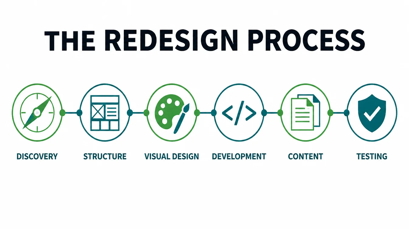 Six step flow diagram of the website redesign process