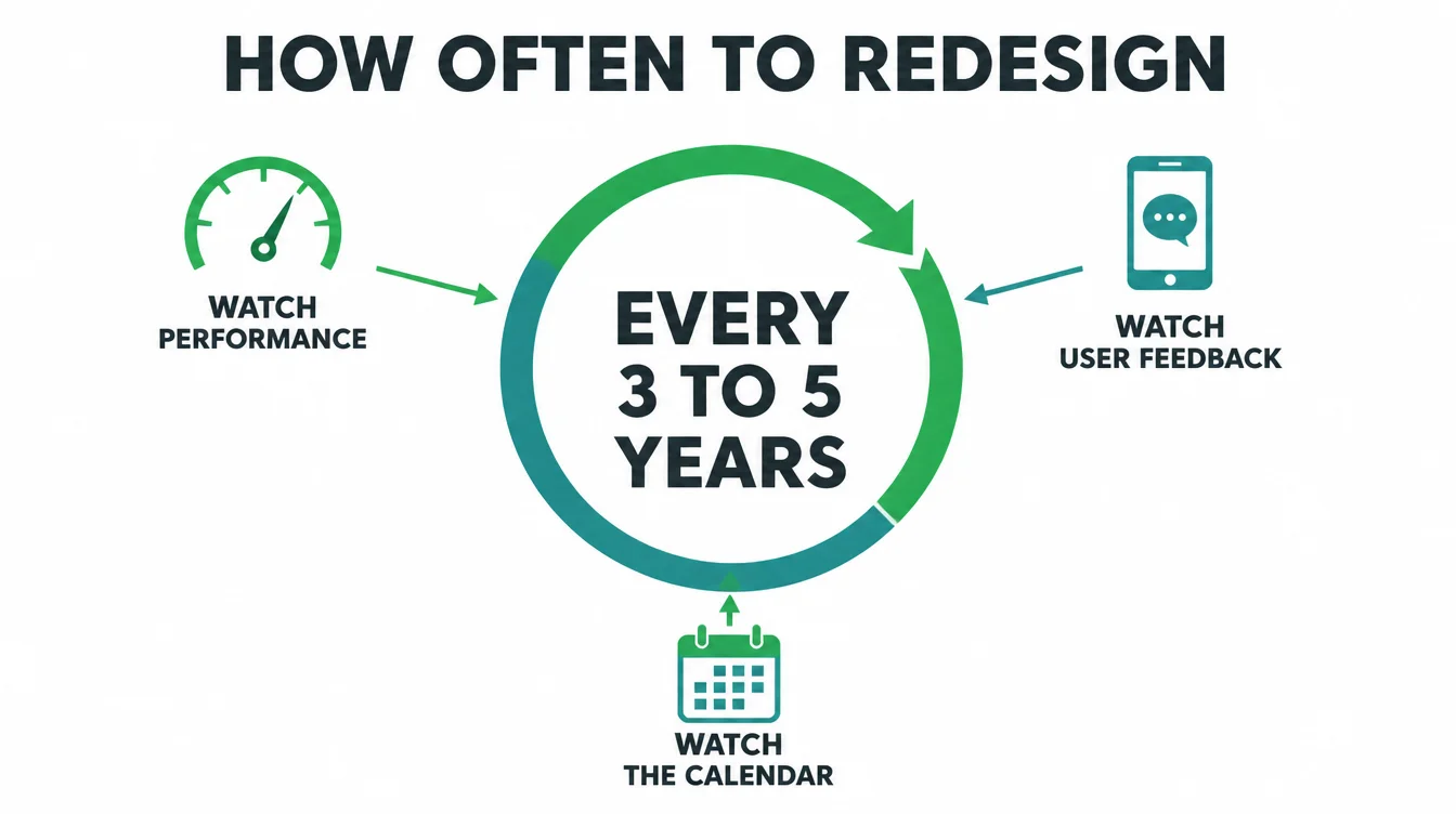 Cycle diagram showing a website redesign timeline of three to five years