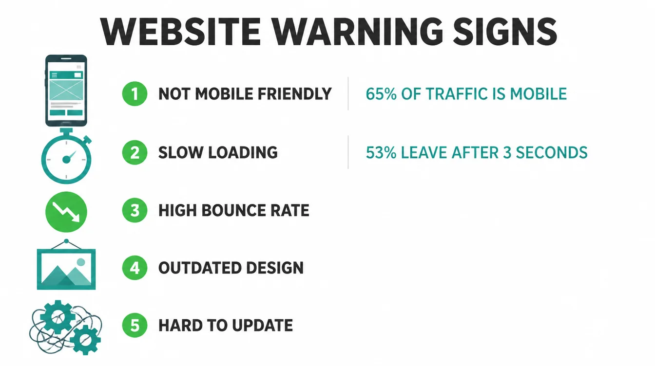 Checklist infographic of five warning signs a website needs a redesign