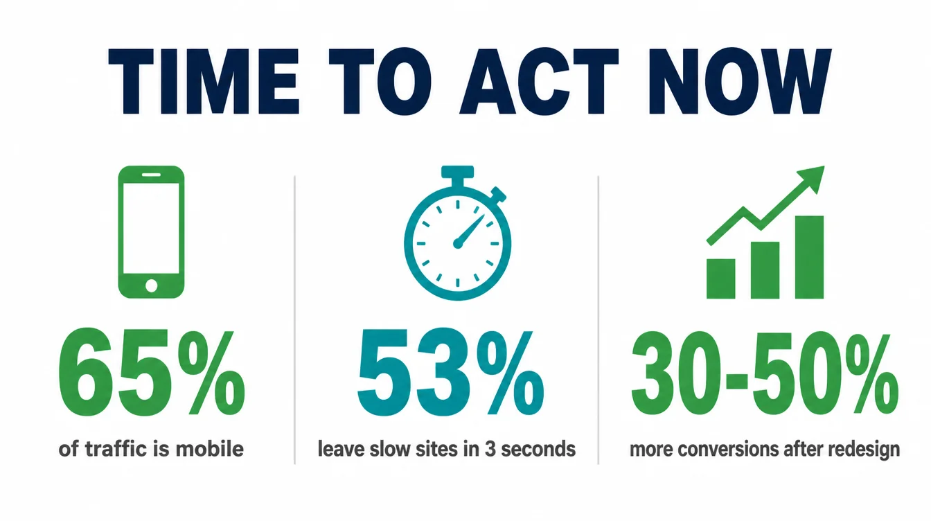 Infographic banner showing three stats on why to act now: 65 percent of traffic is mobile