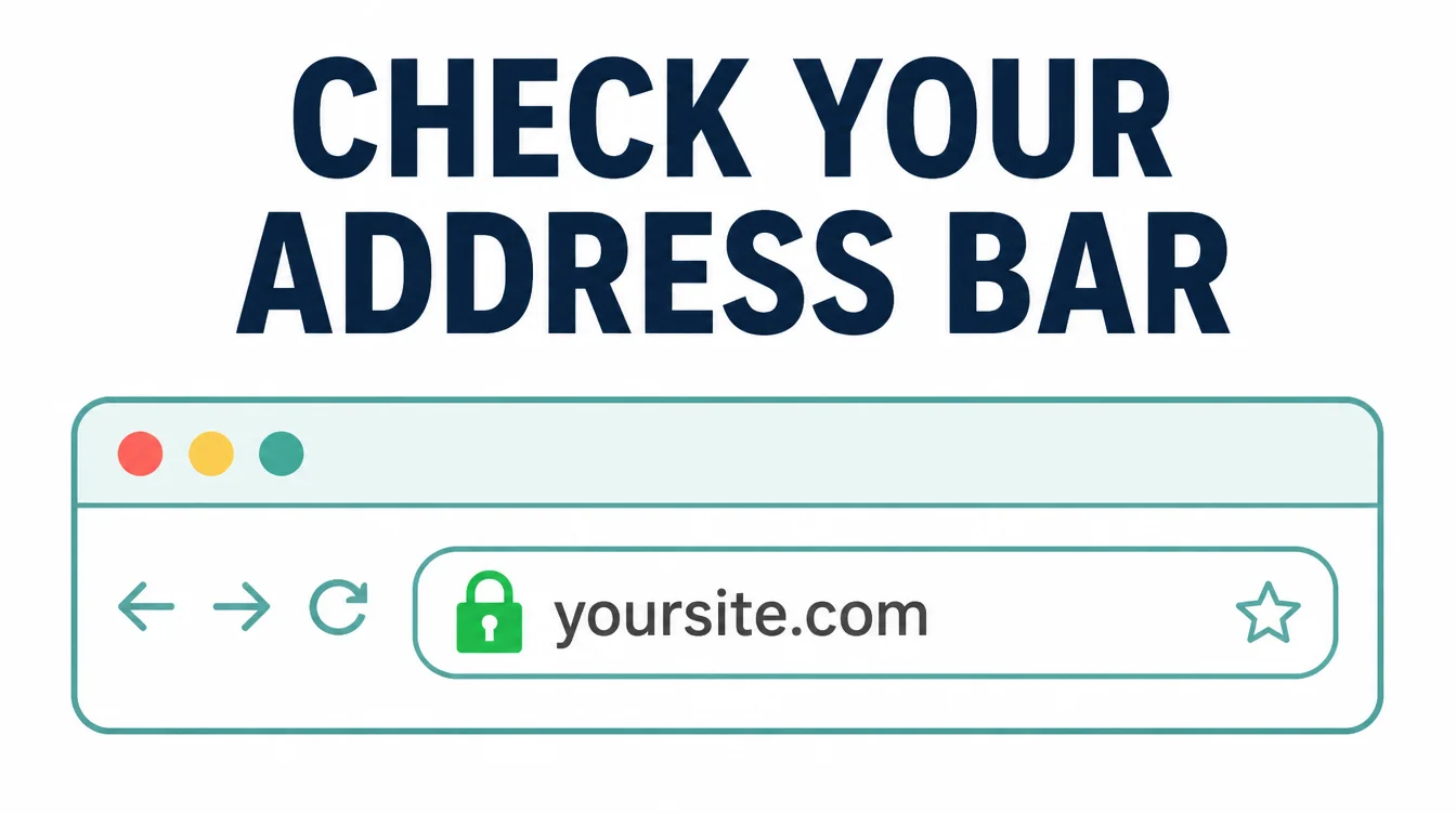 A browser address bar mockup showing a green padlock icon next to a website address