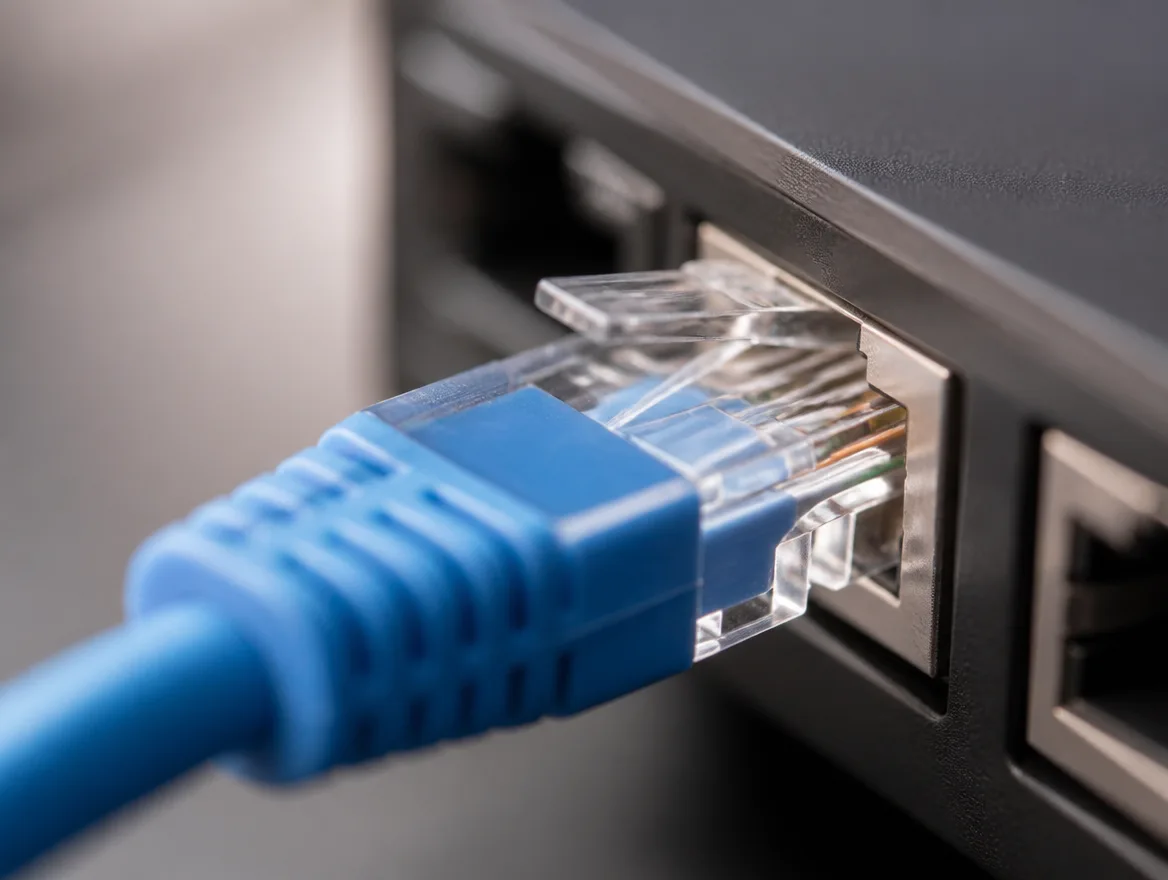 A close-up macro shot of an ethernet network cable plugged into a port.