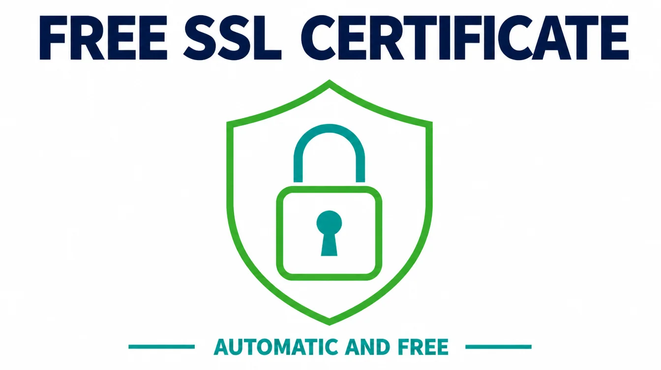 A shield icon around a padlock with the label free SSL certificate, automatic and free.