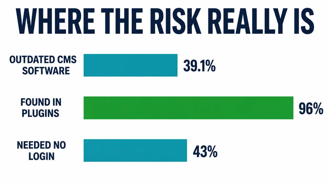 A horizontal bar chart showing 39.1 percent outdated CMS software, 96 percent found in plugins