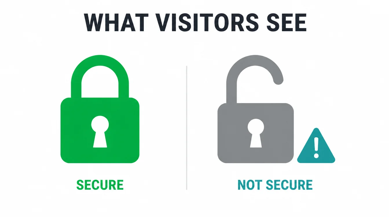 A closed green padlock labeled secure next to an open grey padlock with a warning triangle labeled not secure.