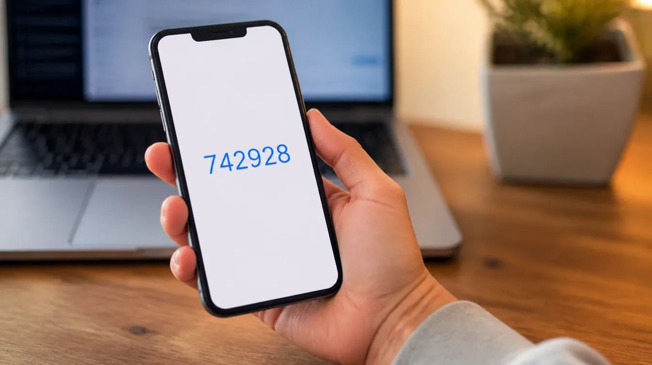 A hand holding a phone that displays a six-digit two-factor authentication code.