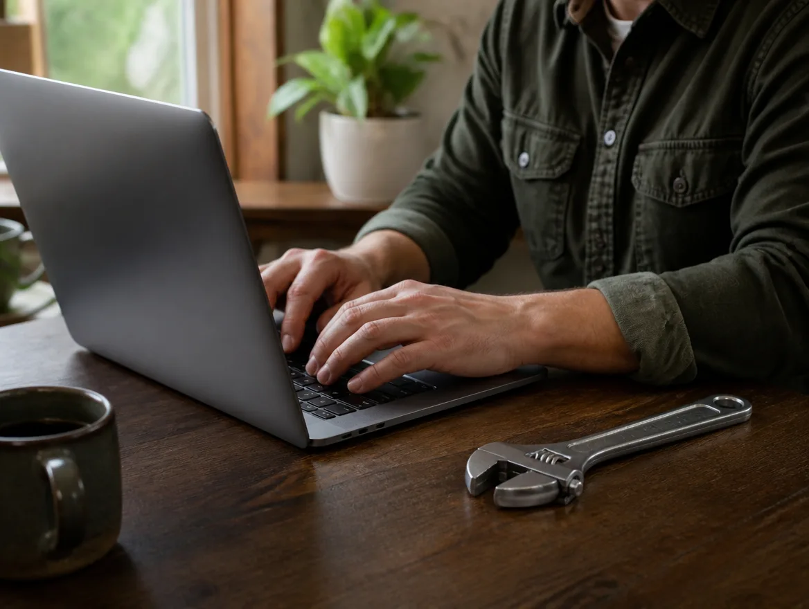 A person updating software on a laptop beside a wrench, as a still life of maintenance.