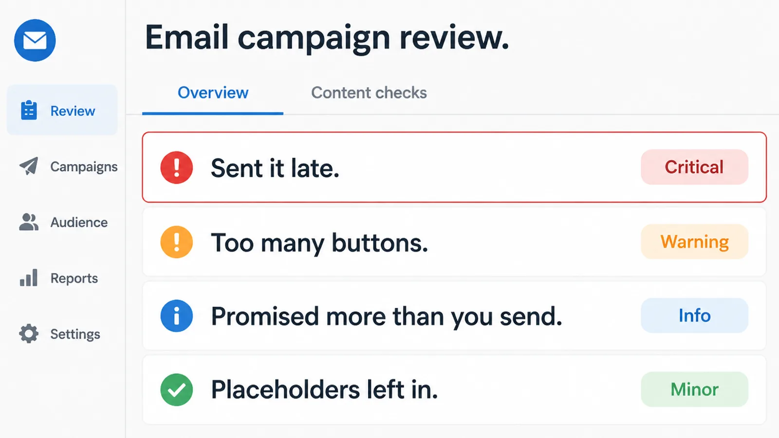 An email campaign review screen listing four welcome email faults with the first outlined in red