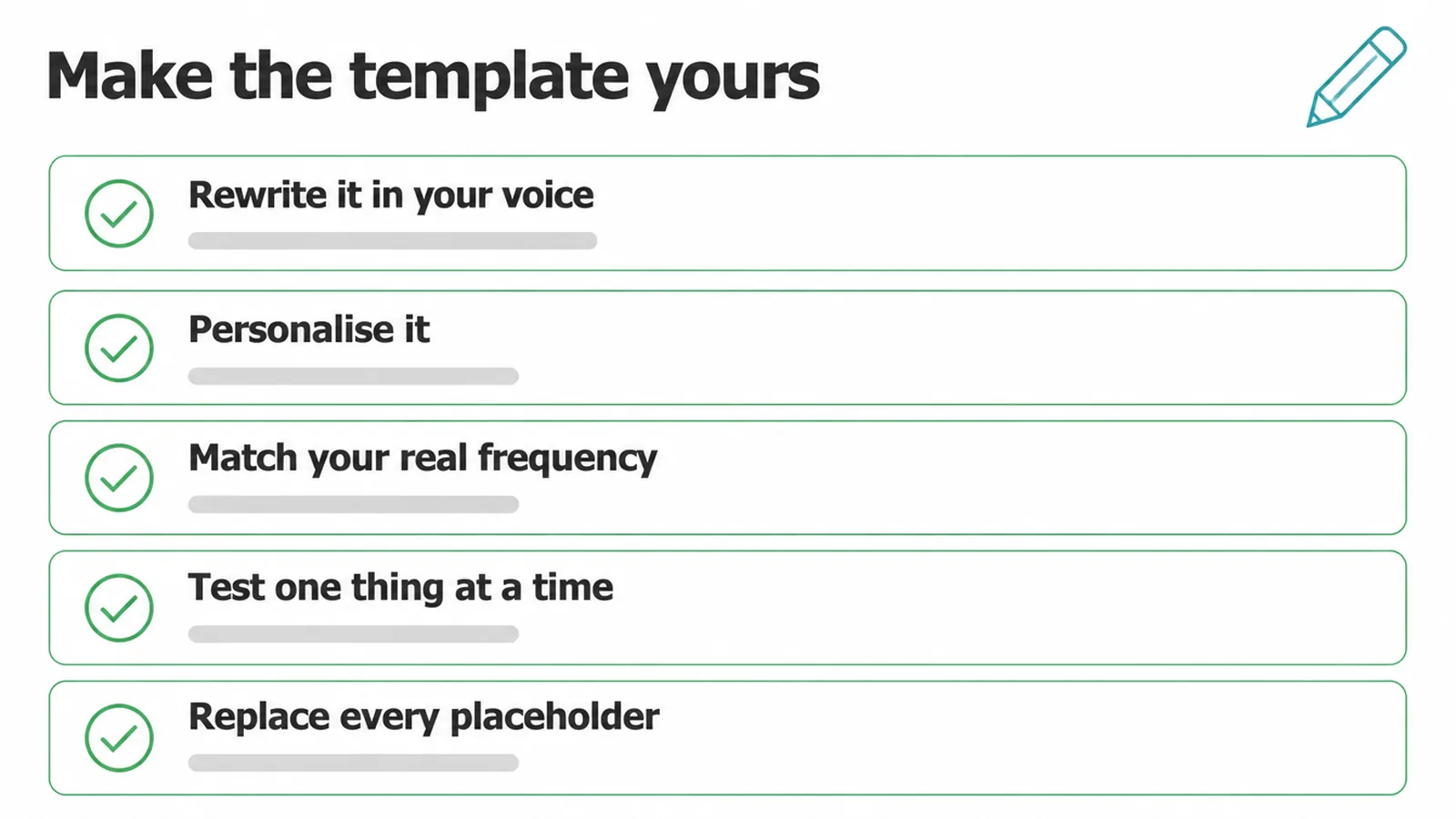 Checklist of five things to change in a welcome email template before you send it